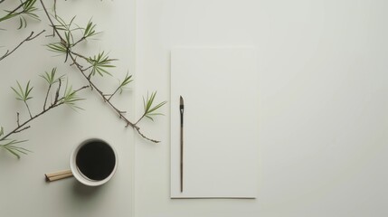 Aufkleber - An elegant calligraphy setup in a minimalist room, Calligraphy brush and ink precisely placed, Zen minimalist style