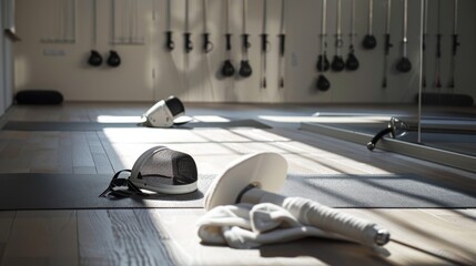 Aufkleber - An elegant fencing gear setup in a minimalist training room, Fencing swords and masks meticulously placed, Modern athletic style