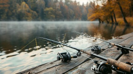 Poster - An elegant fishing setup on a quiet dock, Fishing rods and tackle carefully placed, Rustic outdoor style