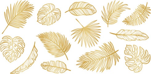 Aufkleber - Gold tropical leaves, gradient golden foliage illustration, shining leaf set, isolated