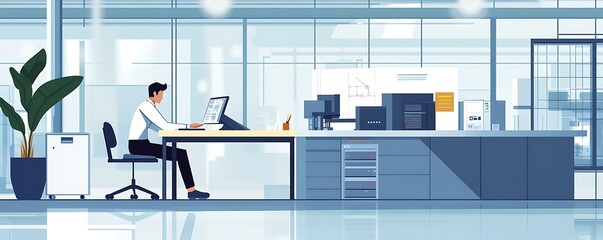 Poster - A modern office scene featuring a person working at a desk with computers and plants.