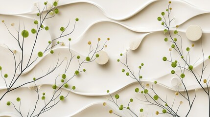 Poster - Textured White Background with Flowing Waves and Delicate Greenery Accents, Ideal for Design and Artistic Themes in Nature-Inspired Settings