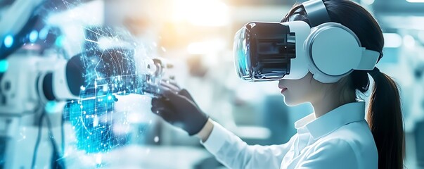 Poster - A woman using virtual reality technology to interact with robotic systems in a lab setting.