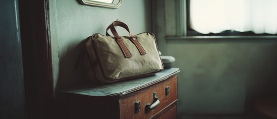 A vintage suitcase rests on a wooden dresser, evoking tales of travel and nostalgia in a warmly lit, cozy room.