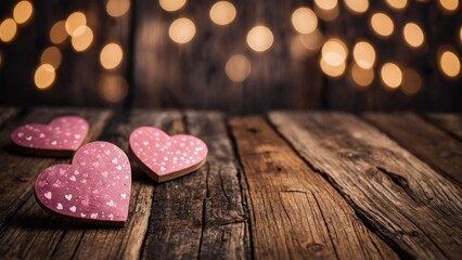 Wall Mural - rustic dark barn wood board table surface with pink hearts and pink bokeh lights mockup background