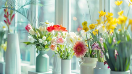 Aufkleber - An elegant flower arranging setup in a bright conservatory, Flowers and vases neatly placed, Artistic minimalist style