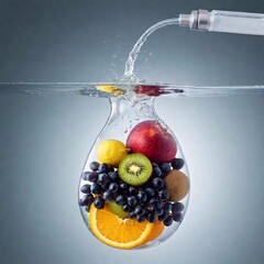 Wall Mural - A high-resolution ultrarealistic image of a transparent IV bag filled with an assortment of fresh fruits, including a vibrant orange slice, green kiwi, red apple, and dark purple grapes. The IV bag is