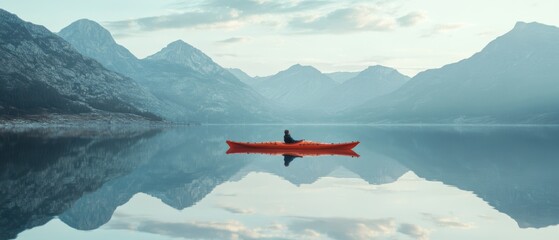 Wall Mural - A lone kayaker glides across a mirror-like lake, embraced by towering mountains and a pastel sky, embodying solitude and adventure.