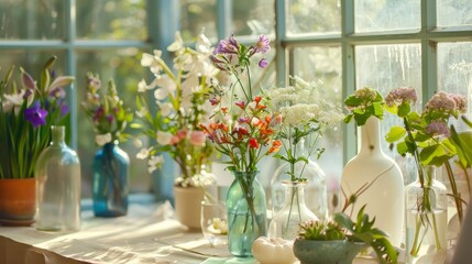 Aufkleber - An elegant flower arranging setup in a bright conservatory, Flowers and vases neatly placed, Artistic minimalist style