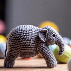 Wall Mural - detailed extreme macro shot of a knitted toy elephant's trunk, with rack focus making the texture of the yarn crisp, while the body and surrounding toys gently blur into the background