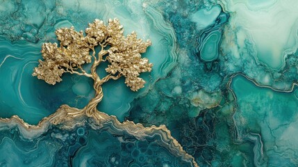 Poster - Artistic Representation of a Golden Tree on a Vibrant Blue and Green Agate Background Featuring Organic Shapes and Textures