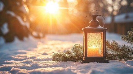 A vintage lantern with an antique candle glows in the snow, casting warm light on pine branches, perfect for Christmas marketing materials, holiday greeting cards, winter decorations and designs