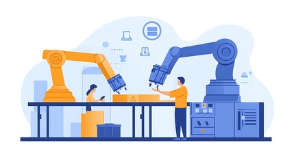 Poster - Industrial scene with robotic arms and workers engaged in automation and packaging tasks.