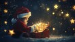 © Zoe Aphrodite - A child in a Santa suit opens a magical Christmas present with twinkling lights and stars in the background.