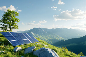 Canvas Print - Harnessing renewable energy solar panels on mountain slopes for sustainable power