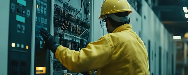 Poster - A technician working on electrical control panels in an industrial setting.