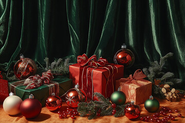 Aufkleber - Red and green Christmas ornaments and presents are arranged on a velvet backdrop. The scene is lit with warm, inviting lighting