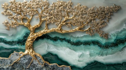 Poster - Beautiful artistic representation of a golden tree sculpture on a shimmering gemstone background, showcasing intricate details and vibrant natural textures