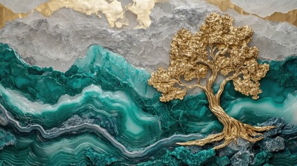 Poster - Captivating Artistic Interpretation of a Golden Tree Against Textured Layers of Green and Gray Stone in Abstract Design