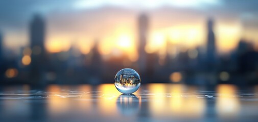 Aufkleber - Infrastructure headquarters concept. A shimmering crystal orb reflects a cityscape at sunset, capturing a blend of urban beauty and enchanting light.