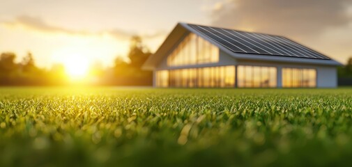 Poster - Infrastructure headquarters concept. A modern house with solar panels on its roof, set against a vibrant sunrise over a lush green lawn.