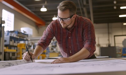 Poster - A man in glasses sketches designs on a large blueprint in a workshop environment.
