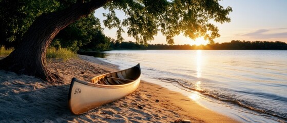 Wall Mural - A solitary canoe rests on a tranquil lakeshore, framed by a tree and silhouetted by a golden sunset, offering a scene of serene solitude and natural beauty.