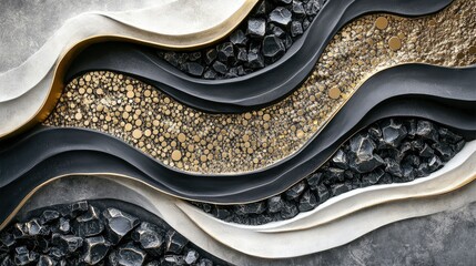 Poster - Abstract Wavy Texture with Gold, Black, and Gray Elements Showcasing Unique Material Composition and Artistic Design for Contemporary Spaces