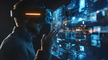 Photo Software Engineer Uses VR Headset,  Interacts with Digital Data