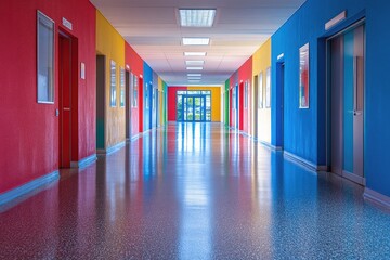 Aufkleber - Long colorful school corridor reflecting on shiny floor