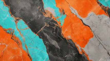 Poster - Abstract Marble Texture with Vibrant Orange, Turquoise, and Black Veins for Creative Backgrounds and Design Projects