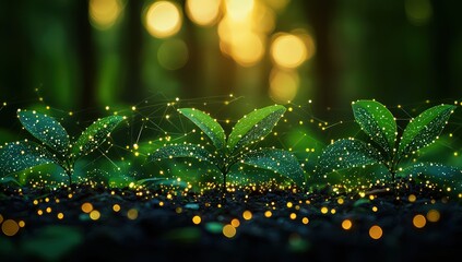 Wall Mural - A forest with leaves and plants in the foreground, and digital connections or data points glowing on them. 