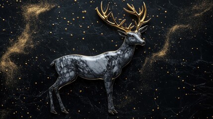 Poster - Elegant Marble Deer Sculpture with Golden Antlers on a Dark Marble Background Representing Nature Grace and Majesty in a Luxurious Setting