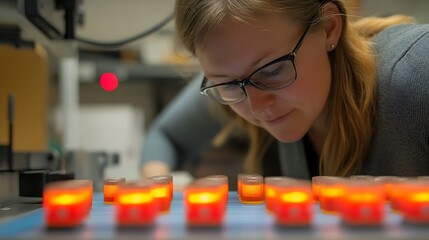 Poster - A woman examines glowing samples in a laboratory setting, focusing on scientific research.