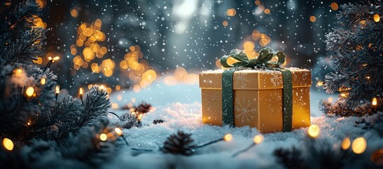 Wall Mural - A golden gift box with a green ribbon is placed on the snow, surrounded by glowing lights and pine trees, creating an enchanting atmosphere for Christmas