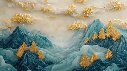 Poster - stunning abstract landscape with golden trees and mountains in elegant textures and soft clouds, per