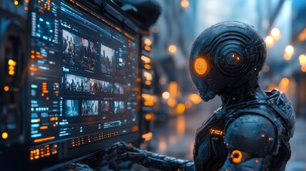 Poster - Humanoid android creating and editing content in a futuristic urban environment at dusk