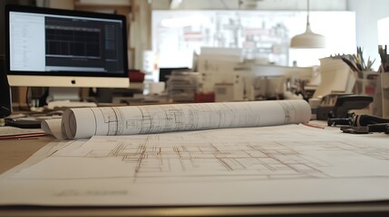 Poster - A workspace featuring architectural plans and a computer, highlighting design and planning.