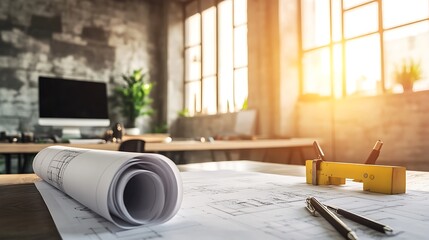 Poster - A workspace with blueprints, a computer, and sunlight filtering through large windows.