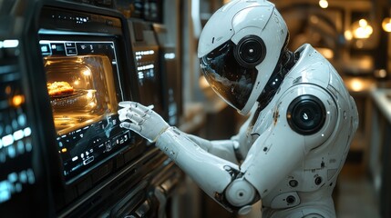 Poster - An android meticulously cleans a smart oven in a futuristic kitchen environment