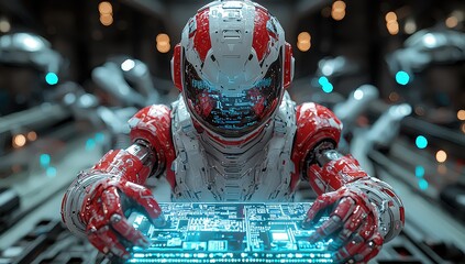 Wall Mural - A humanoid robot with red and white coloring, holding an electronic board in its hands, surrounded by blue lights. 