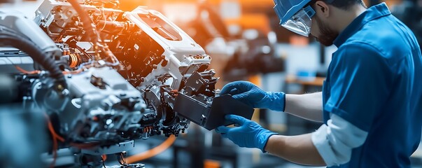 Poster - A technician assembles machinery in a modern industrial setting.