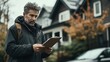 © Natalia - Middle-aged man with gray hair and beard holding clipboard outdoors in front of suburban houses with autumn foliage.