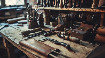 Aufkleber - An elegant leathercraft setup in a rustic studio, Leather tools and materials carefully placed, Vintage craft style
