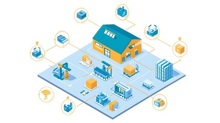 Poster - A graphic representation of a warehouse and logistics system with interconnected elements.