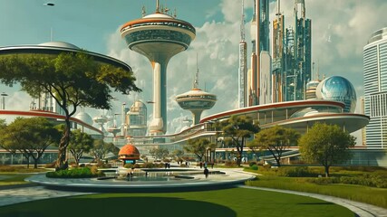 Poster - Retrofuturistic landscape in mid-century sci-fi style. Retro science fiction scene with futuristic city buildings