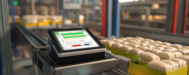 Poster - A touchscreen monitor in a factory setting, overseeing production of packaged items.