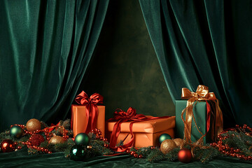 Aufkleber - Wrapped gifts with red and gold bows sit in front of a velvet green curtain. The gifts are surrounded by evergreen branches and ornaments