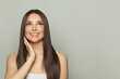 © artmim - Excited model woman with sleek long shiny brown hair. Cosmetology, hair and skin care, keratin treatment care and spa concept