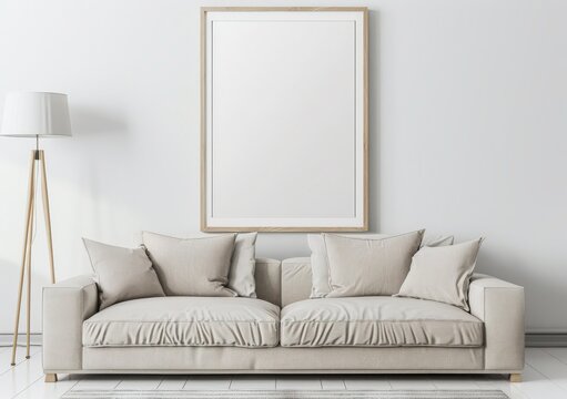 A modern living room with a beige sofa. a floor lamp. and a blank frame on the wall The room has a white wall and a wooden floor
